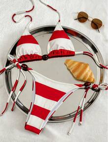 两件套女士比基尼套装，可爱性感波西米亚风抽绳系带红色条纹泳衣，红白条纹印花泳装套装，适合春夏海滩、泳池派对、毕业典礼、生日、舞会等场合。 - 紅色 - 查看 4