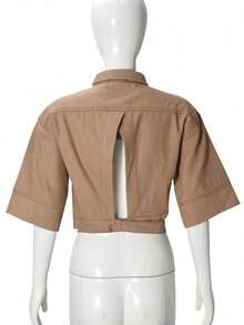 Women's Summer Fashion Casual Short Sleeve Lapel Collar Cropped Cardigan  Open Front Outwear - Brown - View 2