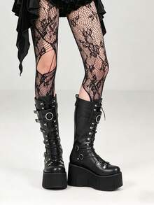 Y2K Goth Knee High Boots For Women Fashion Punk Buckle Lace-Up Platform Wedges High Heels Party Cosplay Street Boots Woman - 黑色 - 查看 9