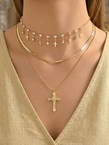 Set de 3 collares de múltiples capas con cruz de lujo vintage, colgante de cruz con strass y borlas, adecuado para uso diario, fiestas, festivales de música, Ascensión, longitud personalizable - Multicolor - Ver 1