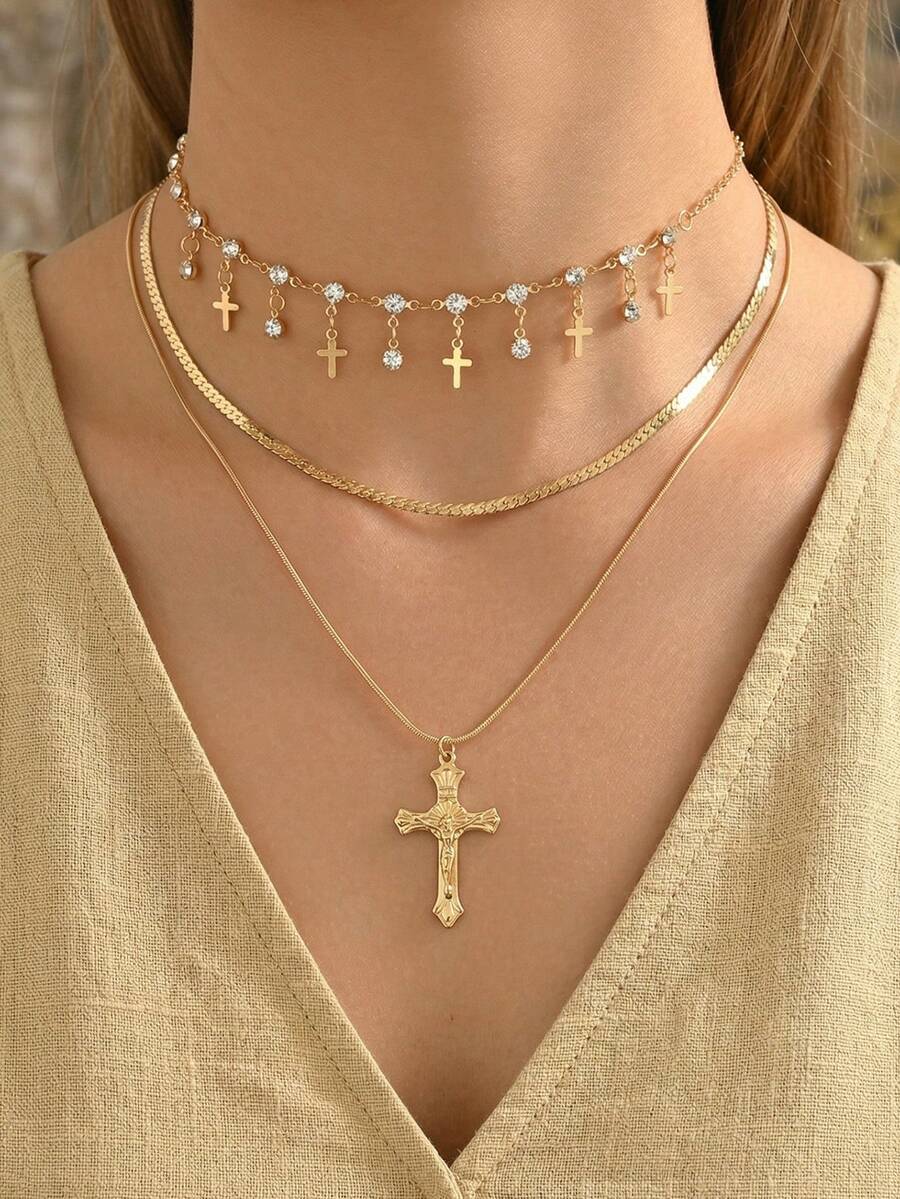 Set de 3 collares de múltiples capas con cruz de lujo vintage, colgante de cruz con strass y borlas, adecuado para uso diario, fiestas, festivales de música, Ascensión, longitud personalizable - Multicolor - Ver 1