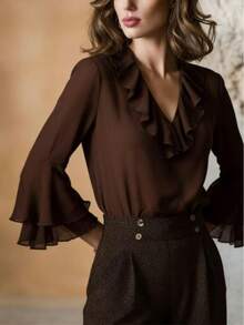 Áo kiểu nữ thanh lịch cổ chữ V xếp ly bằng vải chiffon với tay dài loe rộng, thích hợp cho mùa xuân. - màu nâu - Xem 5