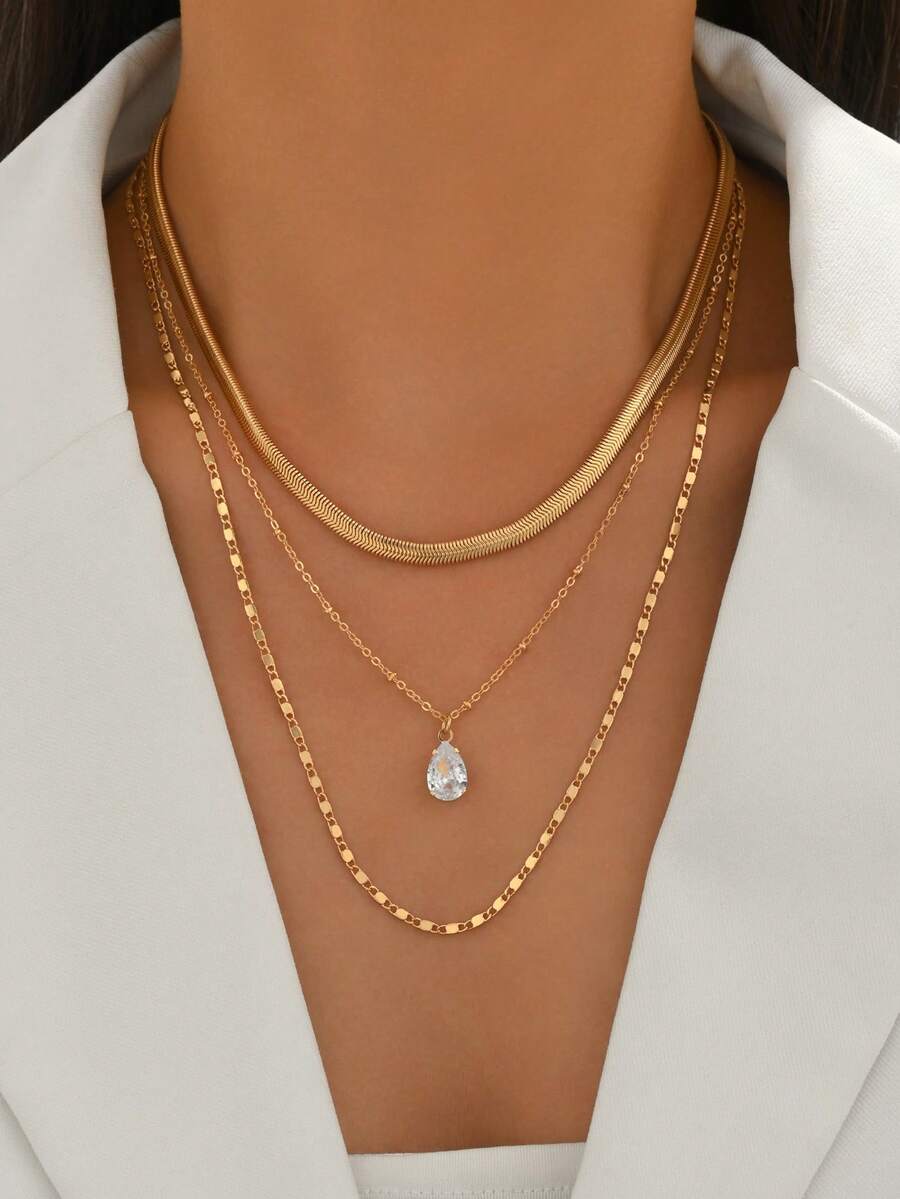3pcs/Set Minimalist Elegant Gold Chain Necklace, Fashion Retro Crystal Water Drop Pendant Necklace, Suitable For Daily Wear, Dates, Parties And Music Festivals. Chain Length Varies Randomly. - Multicolor - View 1
