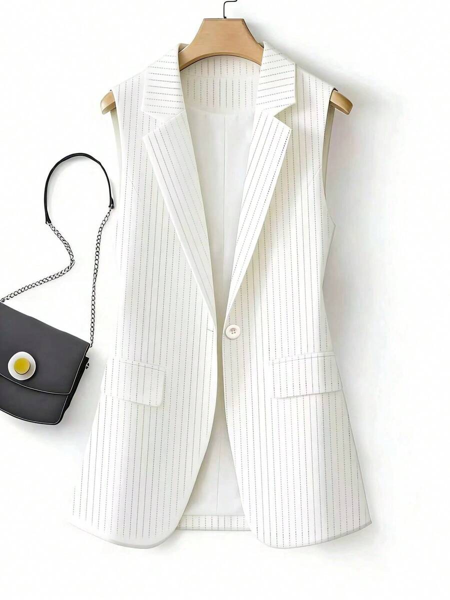 Chaqueta de traje regular de mujer con parche a rayas y un solo botón, chaleco de unicolor con bolsillo y botón, para uso en oficina en primavera, color blanco - Blanco - Ver 1