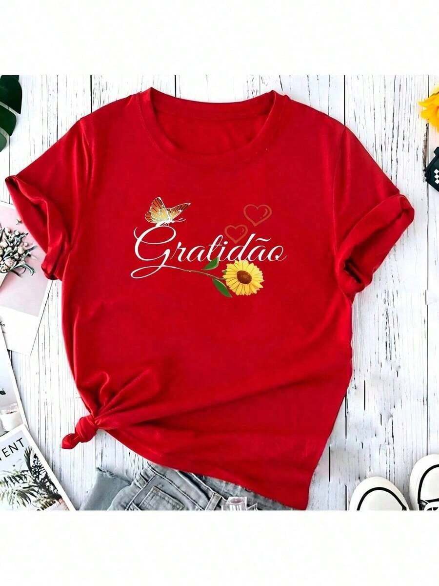Camiseta T-Shirt Feminina Gratidão Girasol Colors Algodão Camisa Blusa - Vermelho - Visão 1