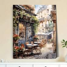 [Plano 2D sin marco][Uso artístico profesional] Kit de pintura acrílica por números para principiantes de 1 set para hacer tú mismo, incluye pinturas acrílicas, lienzo, 3 pinceles e instrucciones, pintura decorativa de paisaje de cafetería de estilo parisino, 40x50cm/15.7x20in sin marco, adecuado - Sin marco - Ver 2