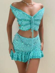 Y2K Women's 3D Butterfly Sequin Crop Top, Off Shoulder Cut Out Tie Front Glitter Top For Festival Rave Vacation - Sky Blue - View 3