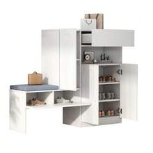 Moderner 2-in-1 Schuhschrank mit gebogenen Türen: Tür mit Soft-Close-Mechanismus, höhenverstellbare Fächer und gepolsterte Sitzbank, weiß, 130 * 35 * 110 cm. - Weiss - Übersicht 5