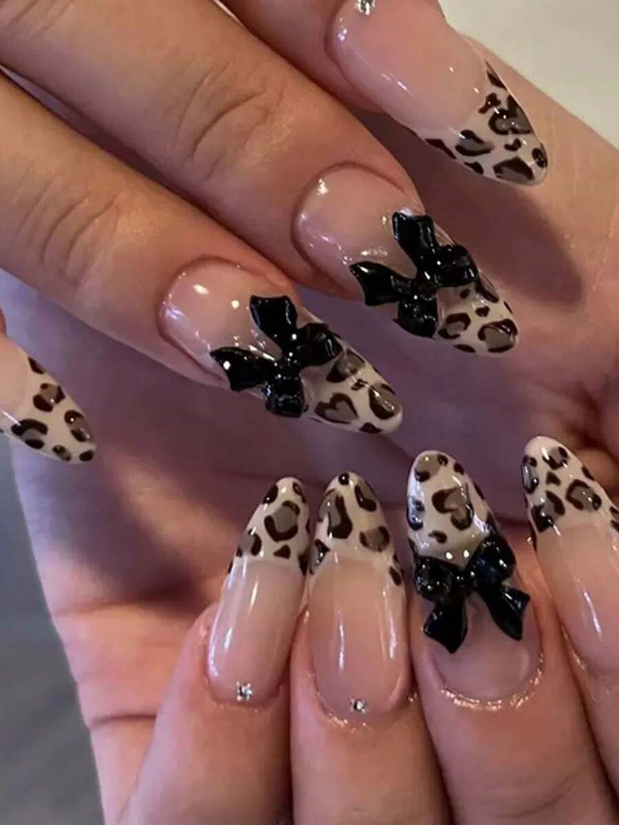24pcs Almond Shaped Leopard Print Bow 3D Black Rhinestone Fake Nails, Includes Nail File And Jelly Glue, Suitable For Party Wear, Wild Sweet Style Manicure Set To Make Hands Look Longer - Multicolor - View 1