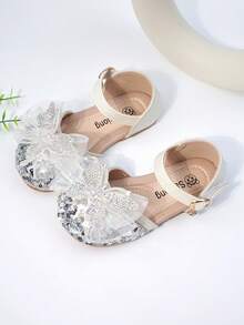 2026春夏新款女童凉鞋，幼儿蝴蝶结儿童包头鞋，小/中童女童闪亮舞蹈表演平底低帮凉鞋 - 米色 - 查看 4