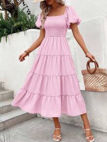 Women's Casual Summer Midi Dress With Puff Short Sleeves, Square Neck, Smocked Waist And Tiered Ruffle Hem. - 粉色 - 查看 4