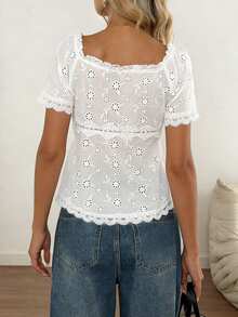 Casual Elegant Charming Fashion Embroidered Floral Trim Short Sleeve Blouse, Versatile For Leisure, Vacation And Commute, Women White Summer - White - View 5