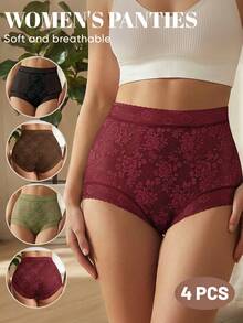 MEIYATING 4pcs Women High Waist Panties, Floral Print, Thin Lace, Comfortable Breathable Briefs - Multicolor - View 2