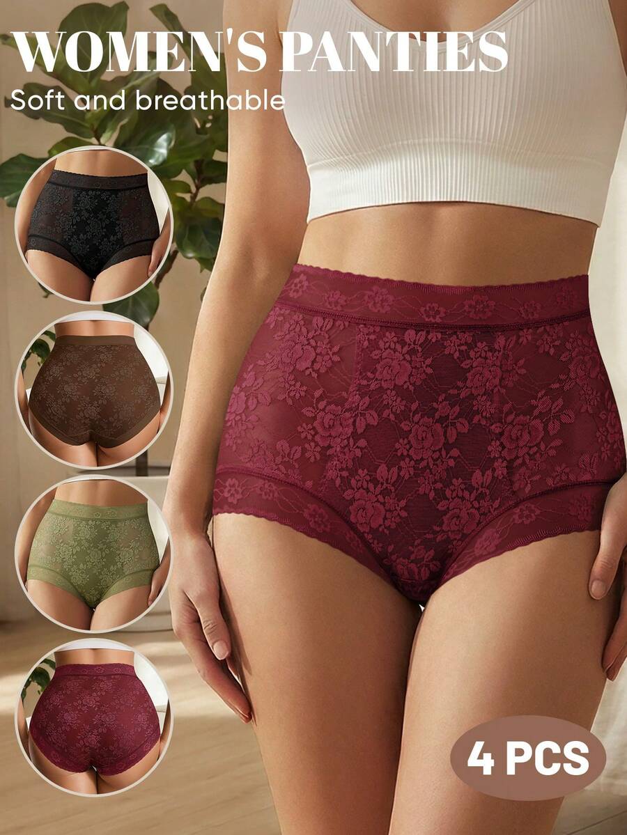 MEIYATING 4pcs Women High Waist Panties, Floral Print, Thin Lace, Comfortable Breathable Briefs