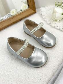 1 Pair Girls' Mary Jane Dress Shoes With Pearl Decor, Hook And Loop Closure Flat Shoes Suitable For Party, Ceremony And Daily Wear - Silver - View 8