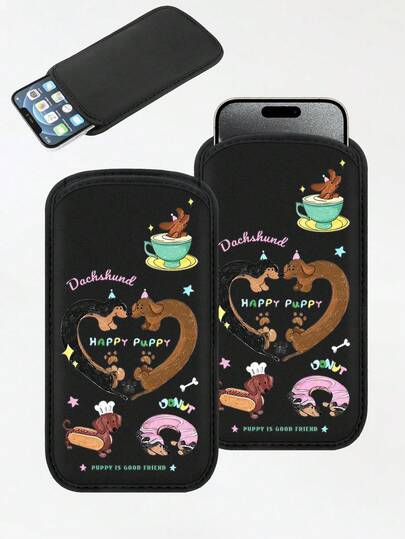 New Dachshund Pattern Straight-Insert Phone Case Protective Cloth Bag, Black Outdoor Phone Storage Bag, Straight-Insert Phone Pouch, Made Of Neoprene Material For Shock And Dust Protection, Warm, Elastic Inner Liner, Portable Men'S And Women'S Bag.