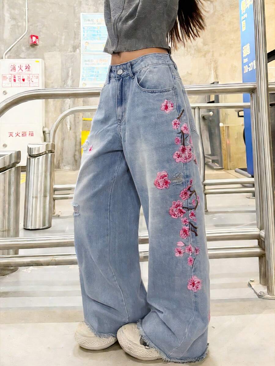 1件装女士做旧刺绣阔腿牛仔裤，宽松舒适休闲街头风牛仔裤，后袋装饰（不含腰带/配饰）春季款 - 淺色水洗藍 - 查看 1