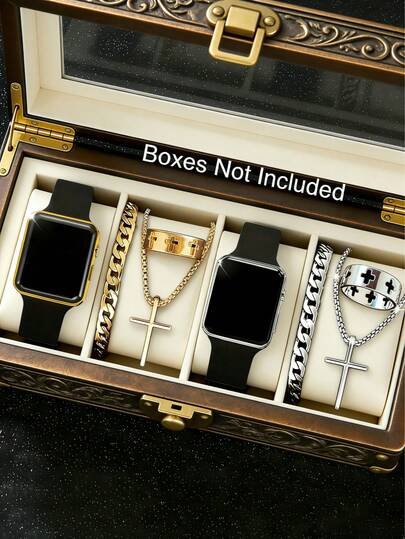 8件套男士时尚休闲商务LED数字显示电子手表套装，搭配时尚吊坠项链和戒指，适合作为男士生日/节日礼物、毕业季礼物、返校季礼物、家庭聚会礼物、庆祝活动礼物、朋友礼物，也是理想的毕业和父亲节礼物。