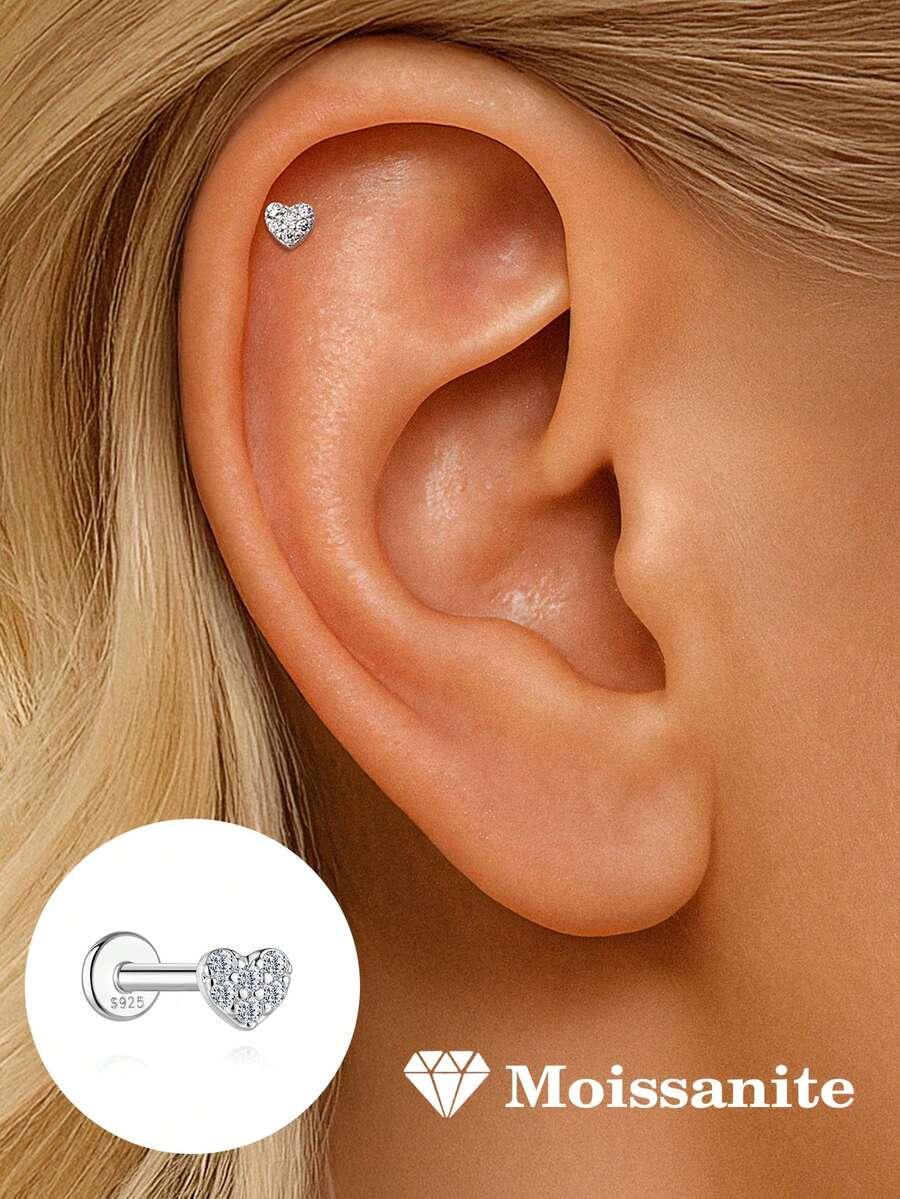 1 chiếc khuyên tai bạc 925 cao cấp hình trái tim đính đá Moissanite, kiểu dáng phẳng, ít gây dị ứng, thích hợp cho nữ và bé gái đeo hàng ngày, quà tặng Ngày của Mẹ, quà cưới. - Bạc - Xem 1