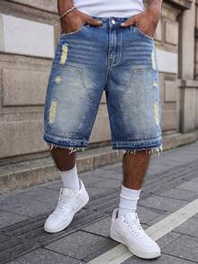 Quần short denim nam dáng rộng, phối nhiều mảnh vải, kiểu dáng vintage rách rưới, phong cách đường phố Y2K, quần hè thoải mái, phù hợp cho trang phục hàng ngày/đường phố, món quà tuyệt vời cho chồng/bạn trai. - Màu xanh lam - Xem 1