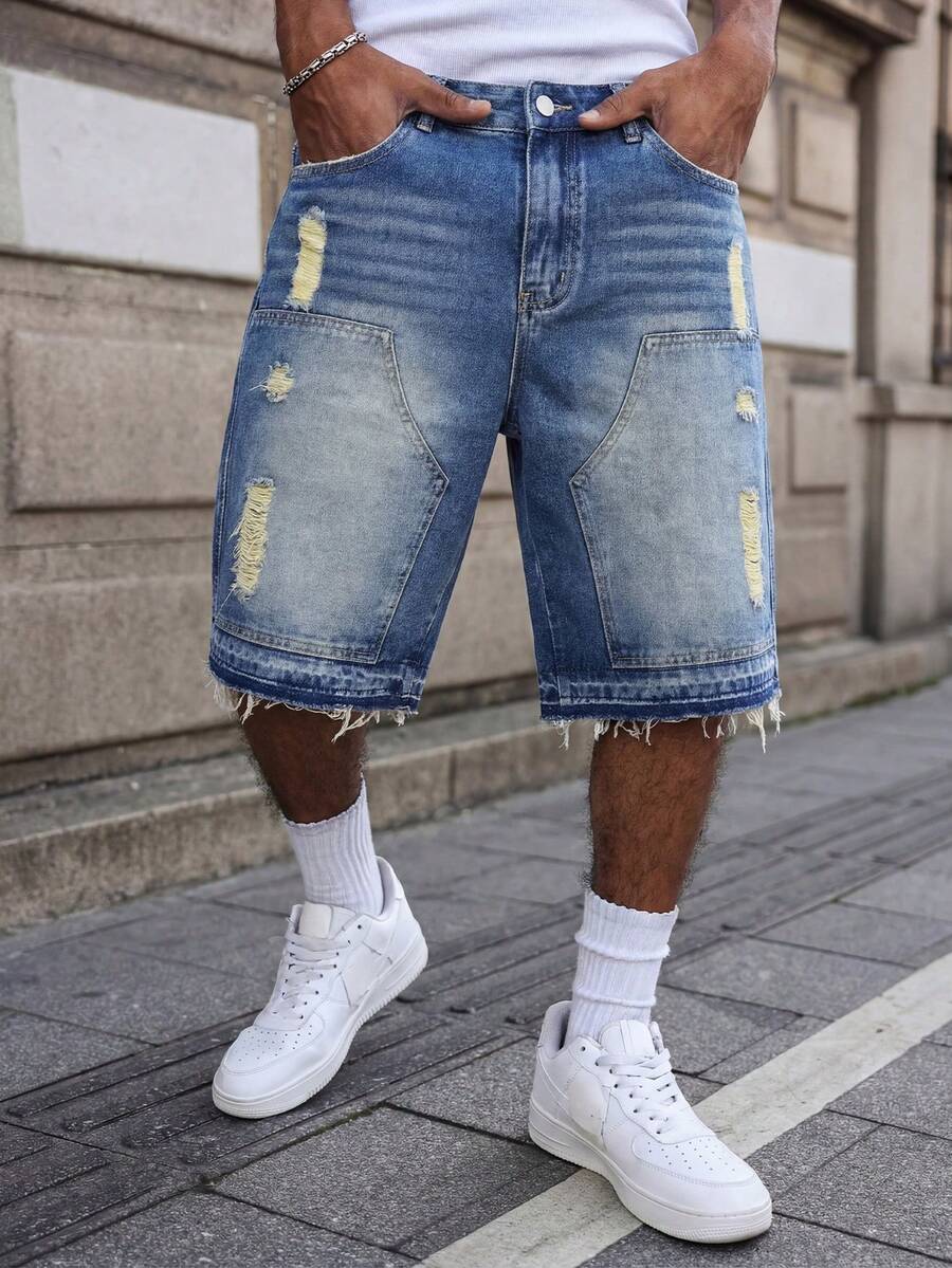 Quần short denim nam dáng rộng, phối nhiều mảnh vải, kiểu dáng vintage rách rưới, phong cách đường phố Y2K, quần hè thoải mái, phù hợp cho trang phục hàng ngày/đường phố, món quà tuyệt vời cho chồng/bạn trai. - Màu xanh lam - Xem 1