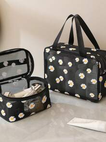 1 buah Tas Kosmetik Jaring Daisy Portabel Kapasitas Besar - Hitam - View 1