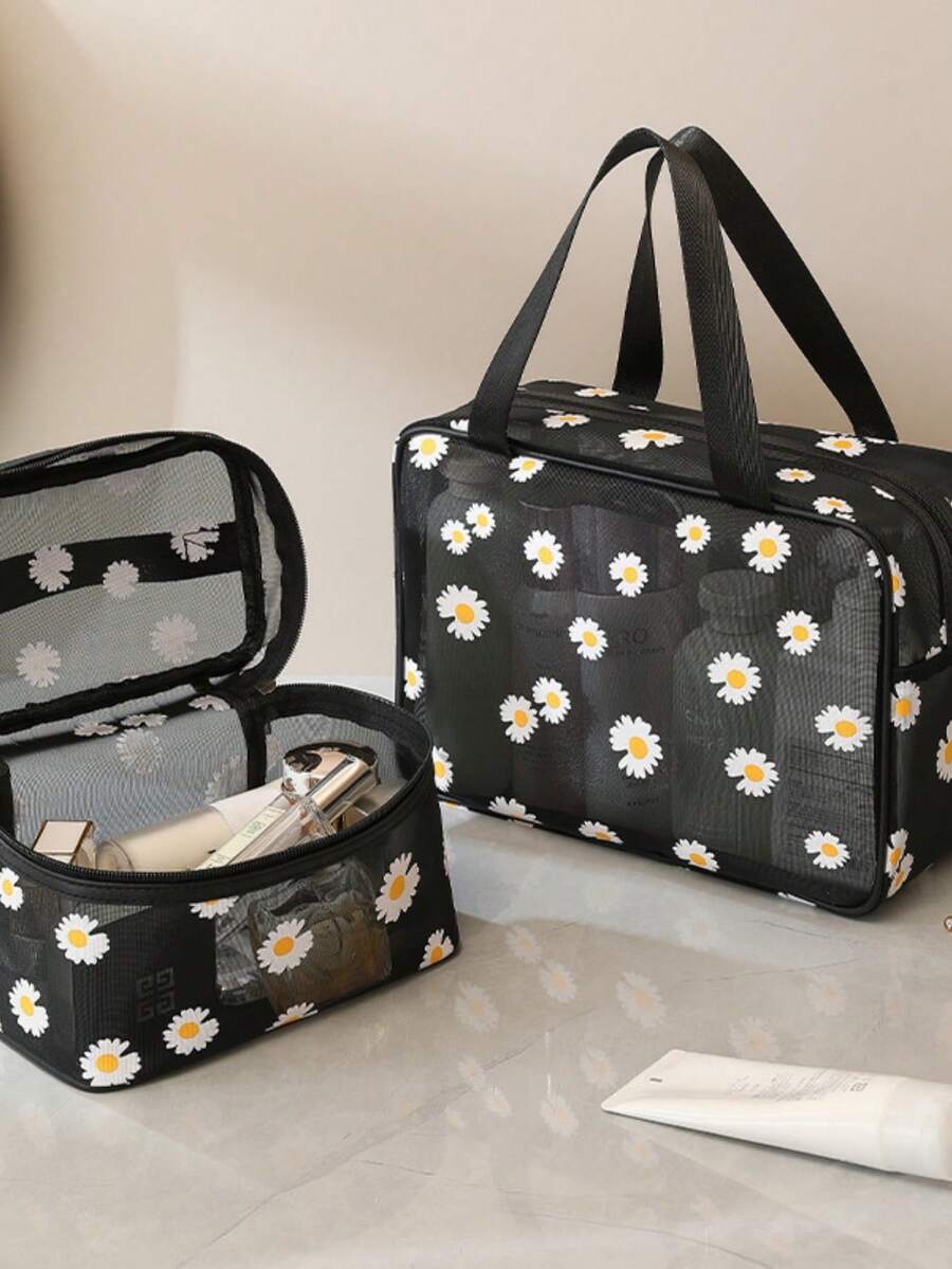 1 buah Tas Kosmetik Jaring Daisy Portabel Kapasitas Besar - Hitam - View 1