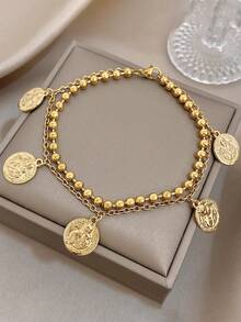 1 chiếc vòng tay hai lớp mạ vàng 18K hình đồng xu cổ điển, dành cho nữ, trang sức thép không gỉ mùa hè, đi biển, kỳ nghỉ, quà tặng cho mẹ, thích hợp cho các buổi tiệc tùng, hẹn hò, đám cưới, lễ tình nhân, kỷ niệm, lễ hội âm nhạc, Giáng sinh, lễ Phục sinh. - Nhiều màu - Xem 5