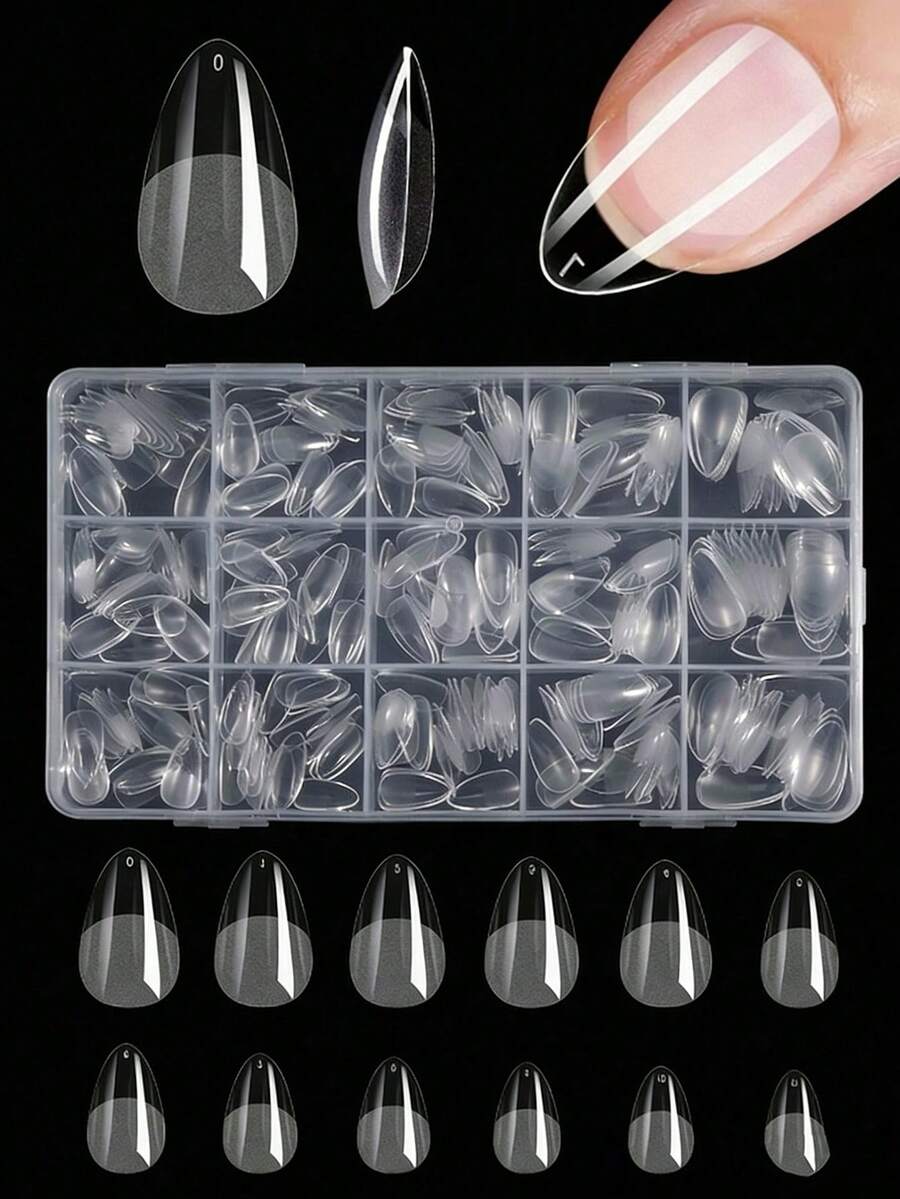 330pcs/Box Short Almond Shaped Acrylic Matte Transparent Nail Tips, 15 Sizes, Carved Soft Gel Quick Extension Nail Kit, Press-On Artificial Nail Set Press On Nails - Clear - View 1