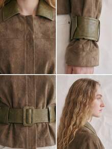 OUTTA BOX Suede & Faux Leather PU Patchwork Lapel PU Long Sleeve Jacket - Olive Green - View 4