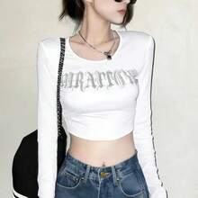 Women's Sexy Slim Fit Long Sleeve T-Shirt With Rhinestone Decor, Casual Minimalist Chic White Crop Top Spring - White - View 3