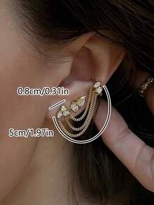 2pcs/Set Fashionable Elegant Luxury Geometric Stud Earrings With Chain Tassel, Copper Zirconia Inlaid Diamond Single Earring Set, Suitable For Women's Daily, Party, Holiday, Date, Daily Gift, Jewelry Gift - Gold - View 3