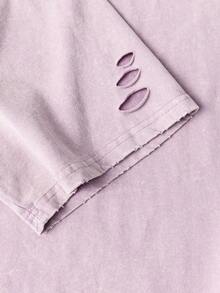 Women's Casual Purple Cotton Round Neck Short Sleeve T-Shirt With Distressed Details, Regular Length, Non-Stretch Fabric, Rib-Knit,Outdoor,Y2K - Dark Purple - View 5