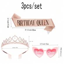 Women's Birthday Crown, Glasses And Belt Set, Birthday Queen Accessory Kit, Wedding Photo Booth Props, Rose Gold Rhinestone Crown Set And Belt Decor - 3pcs - View 2