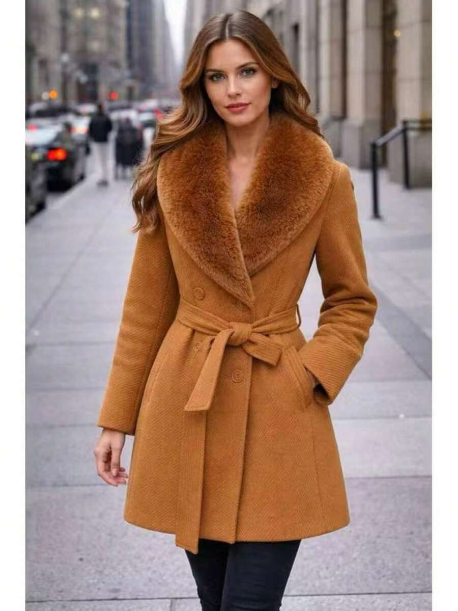 Women's Wool Coat With Fleece Lining | Premium Long Wool | Winter / Cold Weather | Wool-Type Fabric - Brown - View 1