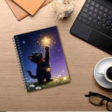 1 Cuaderno encantador A5, con diseño de gato lindo con fondo de cielo estrellado, decorado con gatos negros y estrellas doradas, adecuado para llevar un diario - A5 - Ver 1