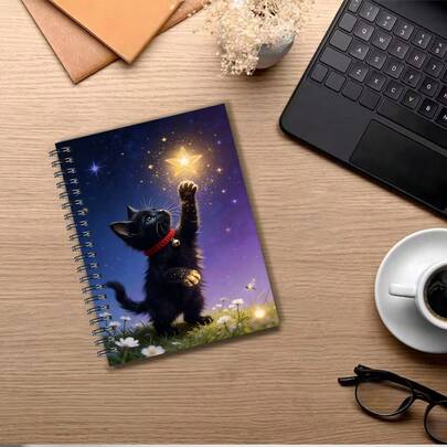 1 pièce Cahier charmant A5, avec un design mignon de chat sur un fond de ciel étoilé, décoré de chats noirs et d'étoiles dorées, idéal pour la tenue d'un journal