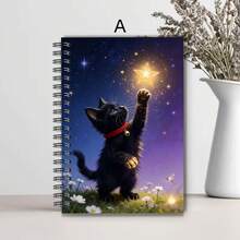1 Cuaderno encantador A5, con diseño de gato lindo con fondo de cielo estrellado, decorado con gatos negros y estrellas doradas, adecuado para llevar un diario - A5 - Ver 6