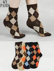 4双装经典复古学院风休闲日常百搭菱形图案中筒袜 - 彩色 - 查看 2