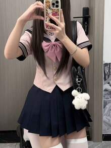 Cosplay Clothing - 粉紅水手服上衣+領結+紺色百褶裙 - 查看 11