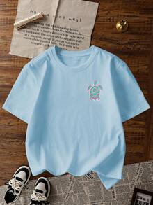 1pc Girls Teens Summer Ocean Themed Sea Turtle Print T-Shirt, Light Blue Shell & Seashell Doodle Pattern Short Sleeve, Loose Casual Vacation Wear - Baby Blue - View 3