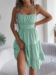 Women's Summer Pleated Waist Ruffle Strap Dress, Casual Beach Vacation Solid Color Tiered Cake Dress - Mint Green - View 3
