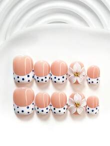 10Pcs Gentle French Heiress Style Handmade Nail Art Set,Polygel Nail Set,Handmade 3D Five-Petal White Flower Nail Art Accessories,Hand-Painted Black Polka Dot Nail Art Decorations,Wedding Nail Set,White Nail Polish,Comes With Nail Tools(1 Sheets Jelly Stickers+1PC Nail File)3 Sizes Available,Square Nails, Short Square Nails,Almond Nails,Suitable For Reunion,Daily,Party,Photograph,Play,Spring Summer,Commute Supplies Nails - 彩色 - 查看 2