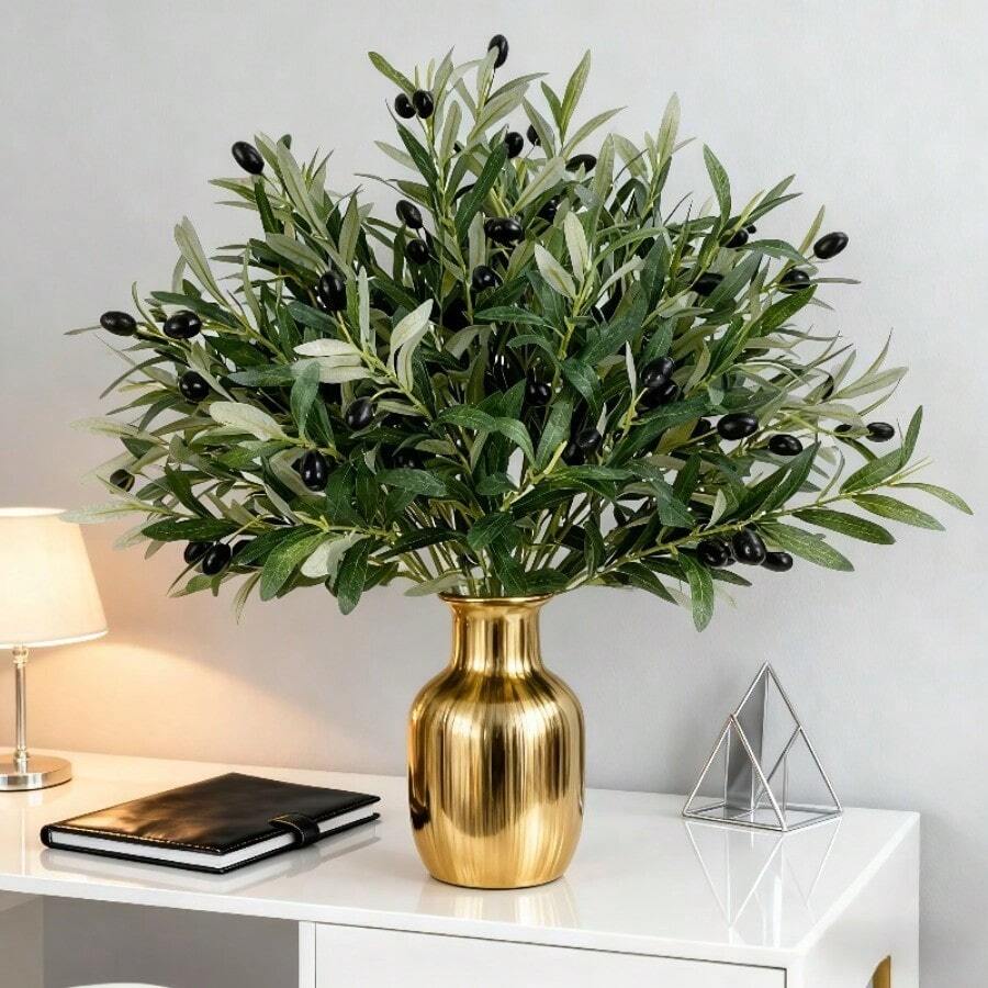 2 Packs Artificial Olive Branches - UV Resistant Faux Greenery With Realistic Purple Berries & Green Leaves - 36cm Decorative Olive Picks For Vases, Home, Office, Cafe, And Wedding Centerpieces - Multicolor - View 1