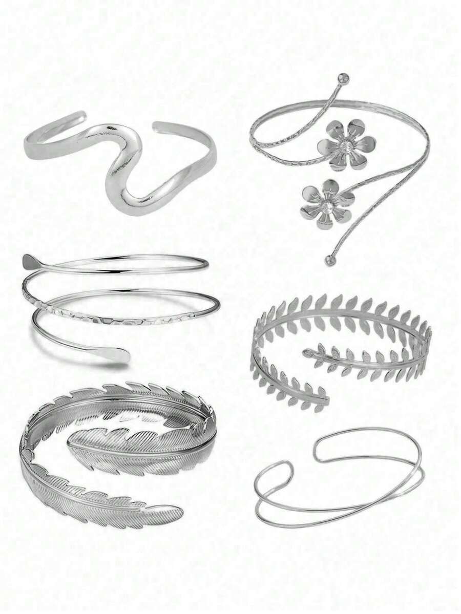 6pcs Set Minimalist Modern Vintage Coin Geometric Metal Bangle Bracelet, Exaggerated Leaf Design, Suitable For Party, Gift, Daily Wear - Silver - View 1