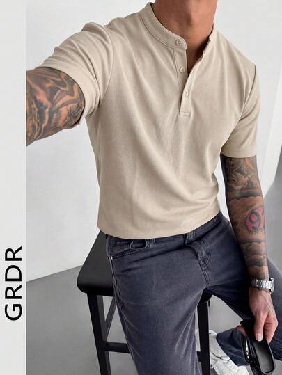 GRDR Camisa polo de cuello mao con botones, nueva camiseta casual de manga corta para hombre en verano