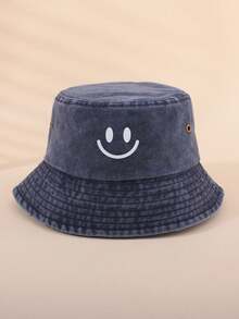 1pc Retro Solid Color Smiling Face Kids Bucket Hat, Outdoor Sports Travel Sun Protection Unisex Bucket Hat - Face - View 12