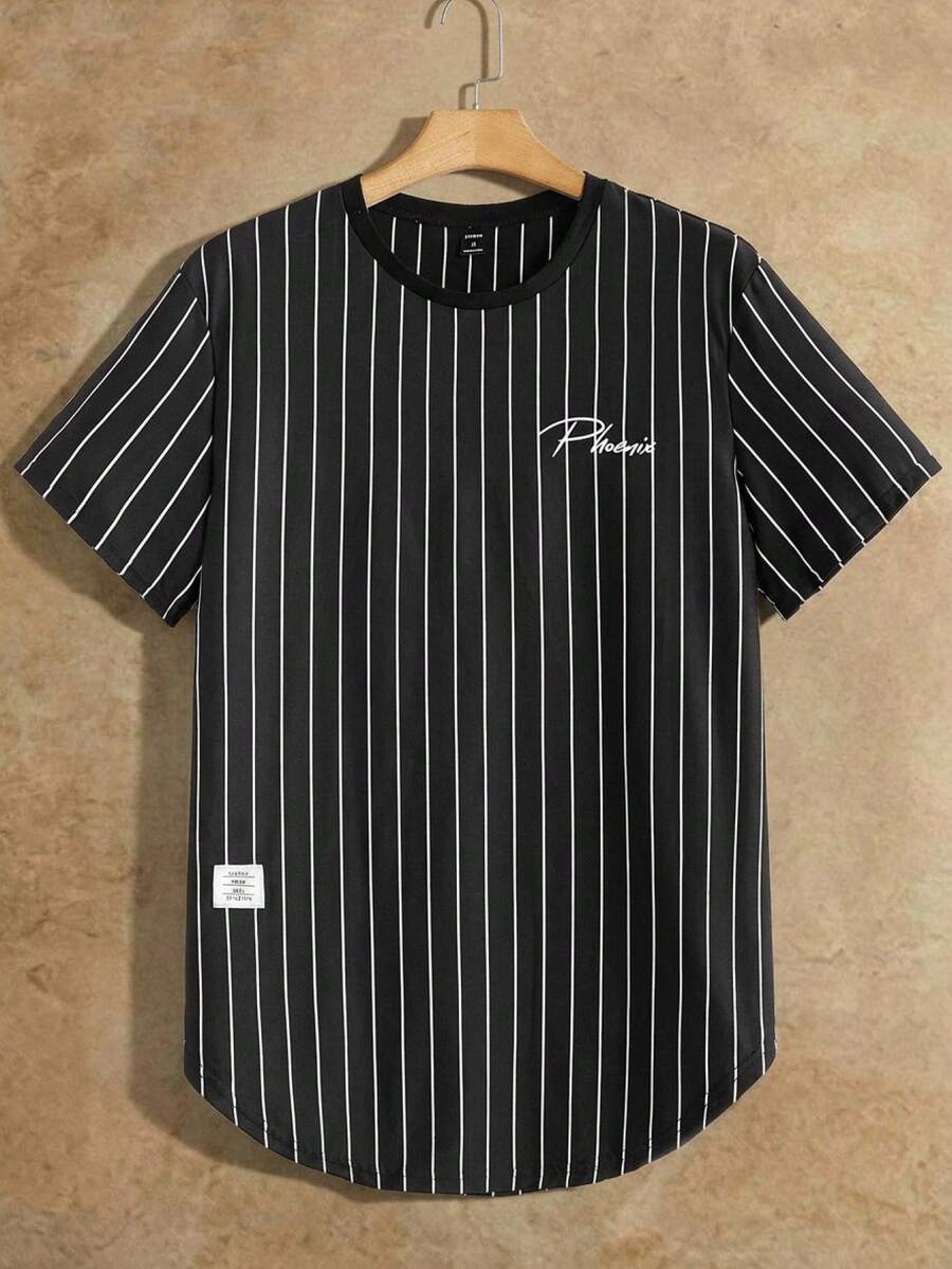 Camiseta de hombre con parche gráfico de rayas y letras, estilo de ropa de calle de verano - Blanco y Negro - Ver 1