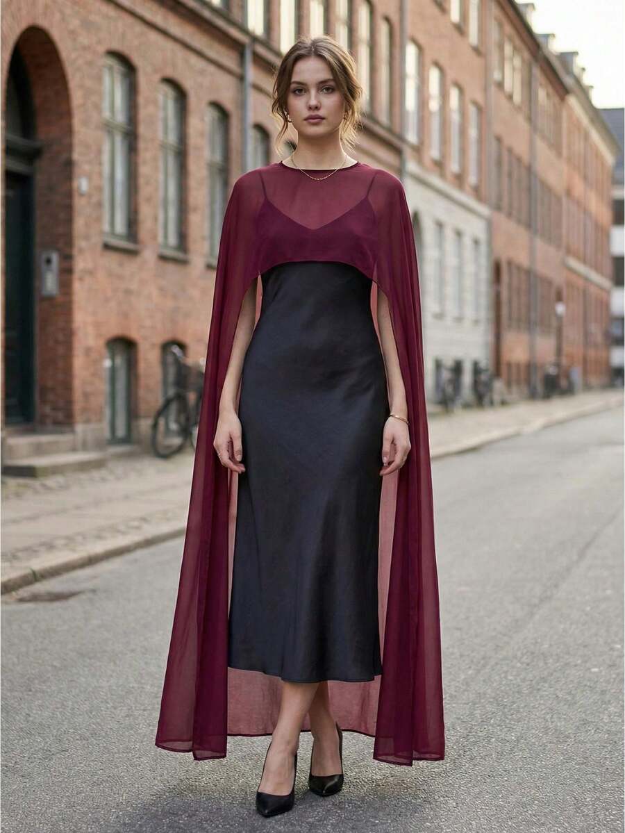 Women Chiffon Long Cape High Low Flowy Poncho Sheer Mesh Shawl And Wraps Capelets Bridal Wedding Evening - 酒紅色 - 查看 1