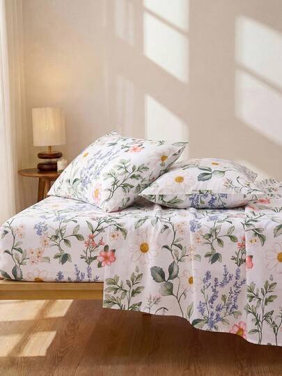 4pcs/Set Vintage Green Leaf Pink Flower Pattern Sheet Set Easy Care Microfiber Soft Bedding Set Floral Fitted Sheet Set (1pc Flat Sheet+1pc Fitted Sheet+2pcs Pillowcases)Fitted Sheet Set King Queen Full TWIN SIZE Sheet Deep Pocket Up To 11.8 Inch Pillowcase, Soft Breathable Wrinkle-Free Better For Sleep, Luxury Hotel Style, Gift For Mom Dad Friend, Sweet Girl Style